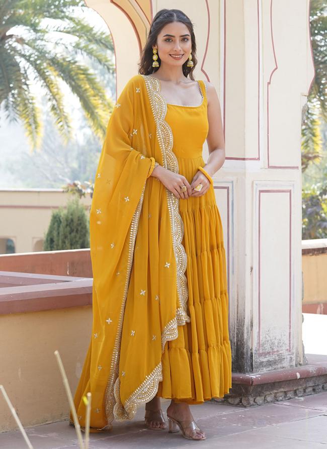 Faux Georgette Yellow Festival Wear Embroidery Work Gown With Dupatta
